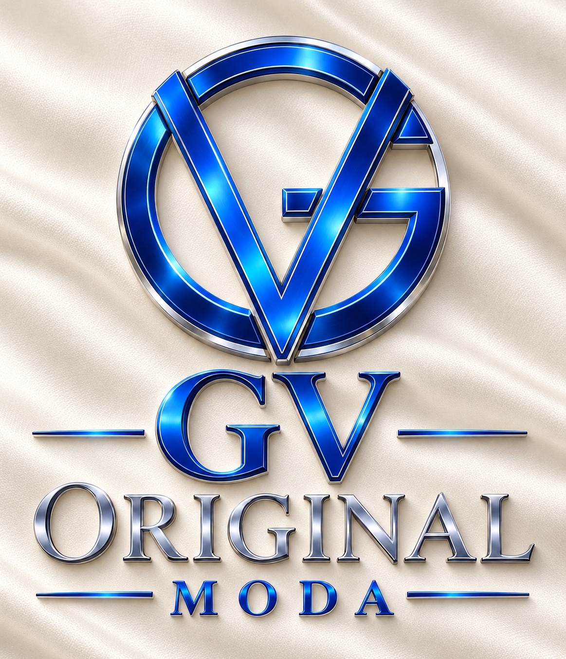 Logo GV Original Moda 3D azul e prata sobre tecido marfim